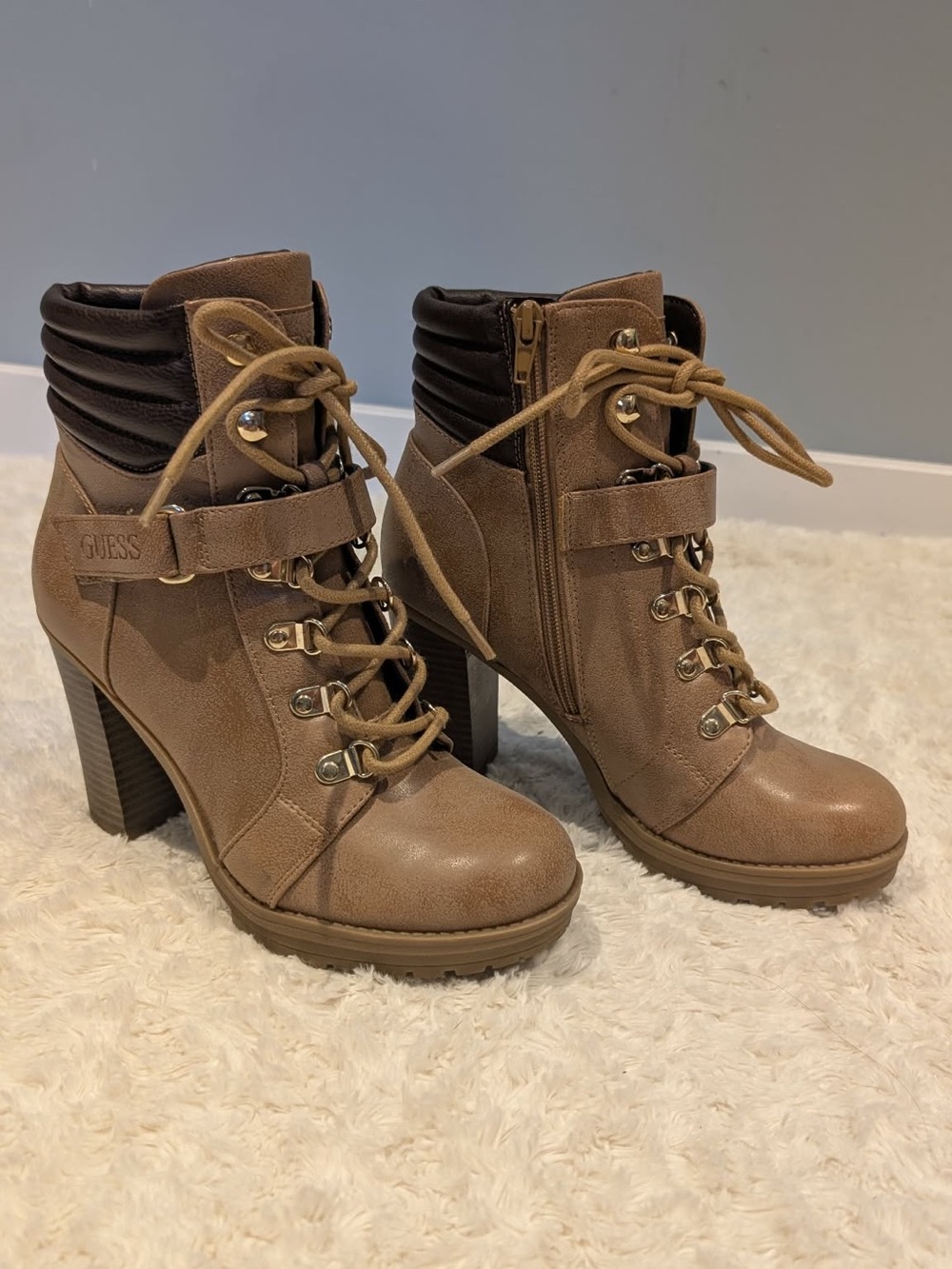 GUESS Taupe Lace-Up Chunky Heel Ankle Boots with Quilted Collar